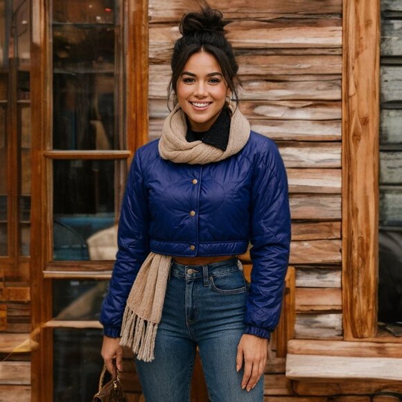 Poster GRL Women Puffer Cropped Jacket Sherpa Collar Streetwear Lightweight Coat - Picture 4 of 12